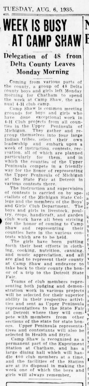 Camp Shaw - Aug 6 1935 Article